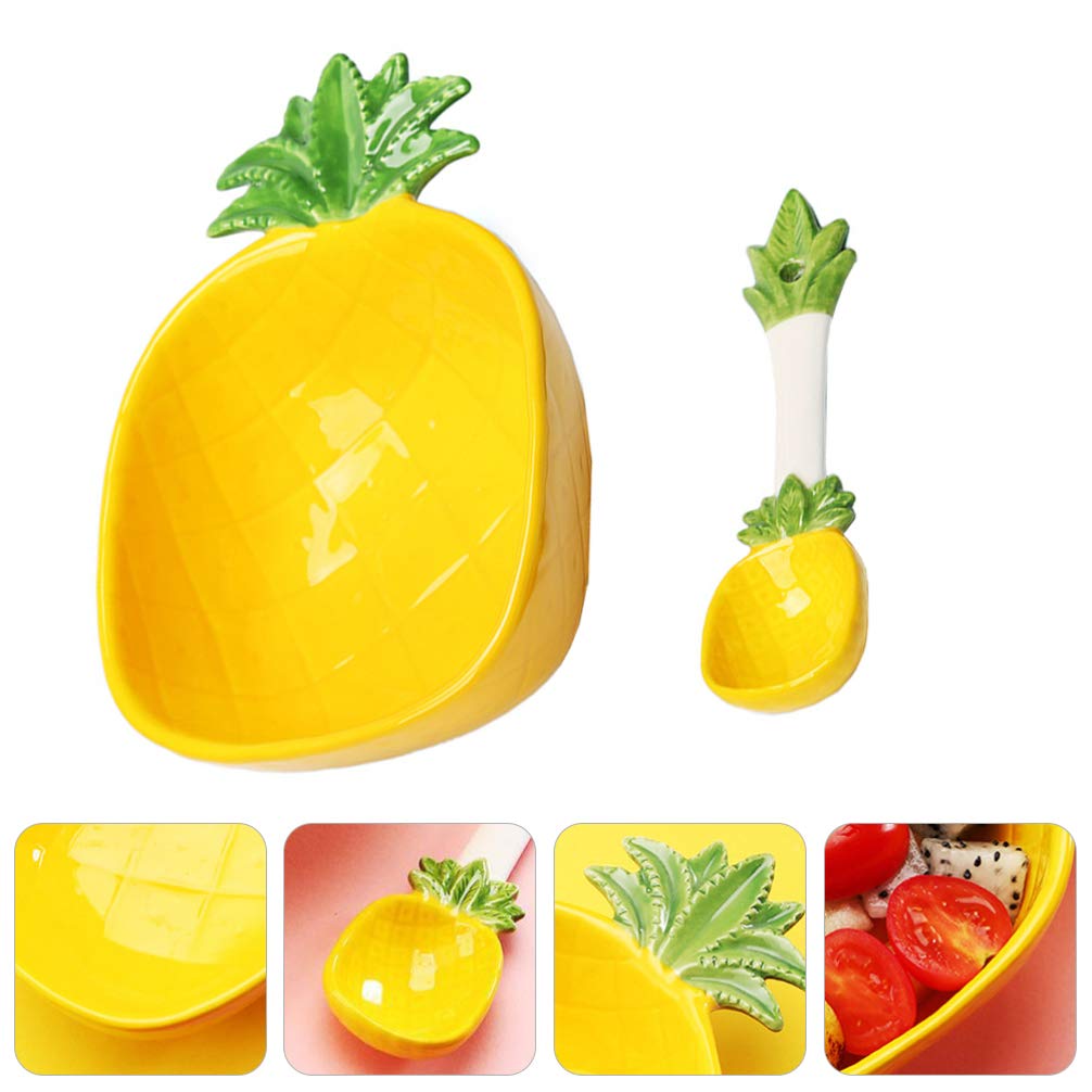 Cabilock Ceramic Appetizer Plate Pineapple Shape Bowl with Spoon Dessert Salad Pasta Bowls Food Serving Tray for Fruit Cheese Dessert Snack (300ml)