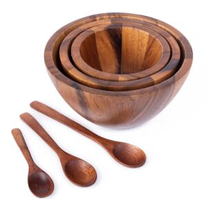 tiny nesting round wood bowls mix size stackable acacia wooden bowl set with dia 4", 5", and 6" with 3 spoons for serving salad, fruit, dip sauce, salsa, snack, rice, pasta, cereal, decor nest dish