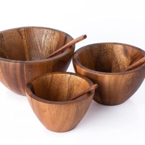 Tiny Nesting Round Wood Bowls Mix Size Stackable Acacia Wooden Bowl Set with Dia 4", 5", and 6" with 3 spoons for serving salad, fruit, dip sauce, salsa, snack, rice, pasta, cereal, Decor Nest Dish