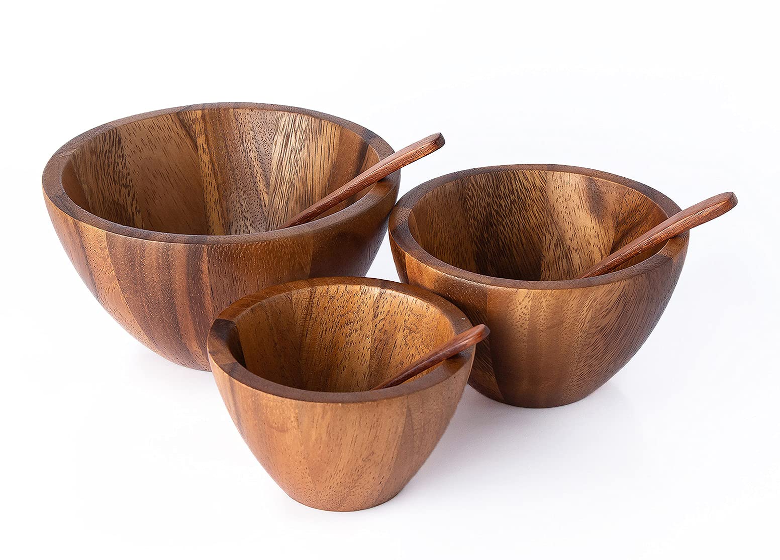 Tiny Nesting Round Wood Bowls Mix Size Stackable Acacia Wooden Bowl Set with Dia 4", 5", and 6" with 3 spoons for serving salad, fruit, dip sauce, salsa, snack, rice, pasta, cereal, Decor Nest Dish