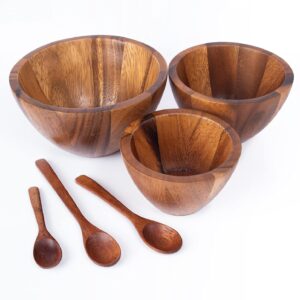 Tiny Nesting Round Wood Bowls Mix Size Stackable Acacia Wooden Bowl Set with Dia 4", 5", and 6" with 3 spoons for serving salad, fruit, dip sauce, salsa, snack, rice, pasta, cereal, Decor Nest Dish