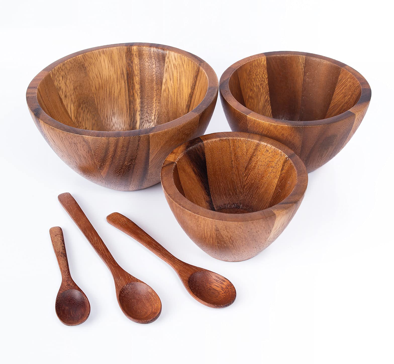 Tiny Nesting Round Wood Bowls Mix Size Stackable Acacia Wooden Bowl Set with Dia 4", 5", and 6" with 3 spoons for serving salad, fruit, dip sauce, salsa, snack, rice, pasta, cereal, Decor Nest Dish