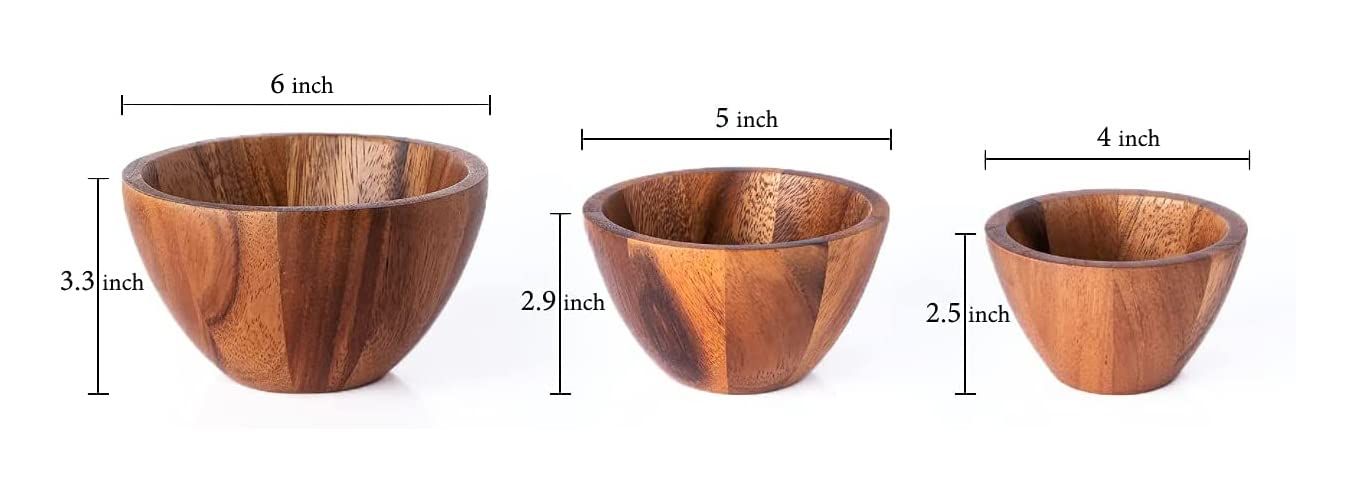 Tiny Nesting Round Wood Bowls Mix Size Stackable Acacia Wooden Bowl Set with Dia 4", 5", and 6" with 3 spoons for serving salad, fruit, dip sauce, salsa, snack, rice, pasta, cereal, Decor Nest Dish