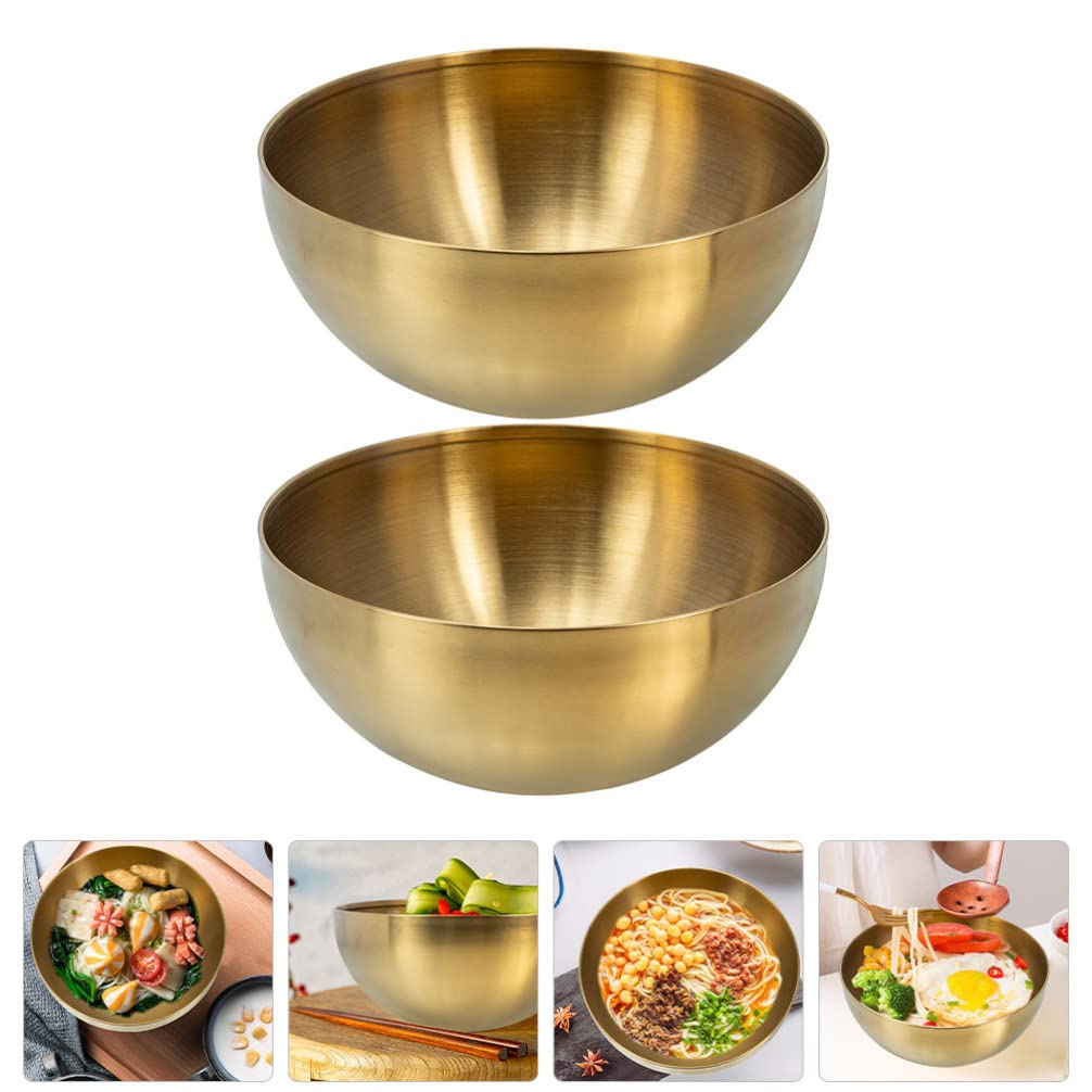 Cabilock 2pcs Korean Stainless Steel Bowls Metal Serving Bowl Small Mixing Bowl Kitchen Prep Bowl for Salad Cereal Noodle Ramen Pasta Snacks 12cm Golden