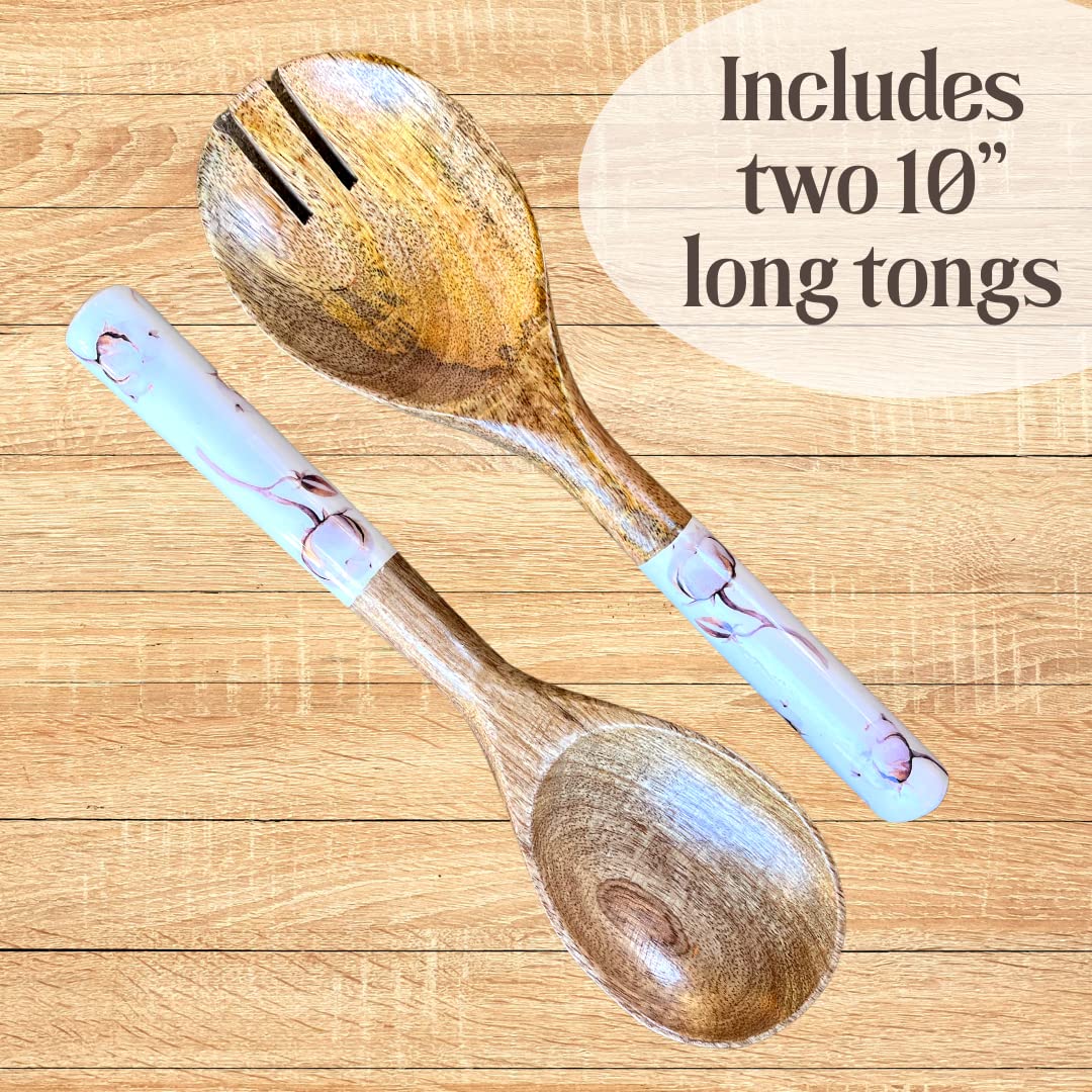 The Fern Trail Wood Serving Bowl | Salad Bowl with Tongs | Wooden Decorative Bowl | Wood Fruit Bowl for Kitchen Counter | Mango Wood Bowl (Blue)