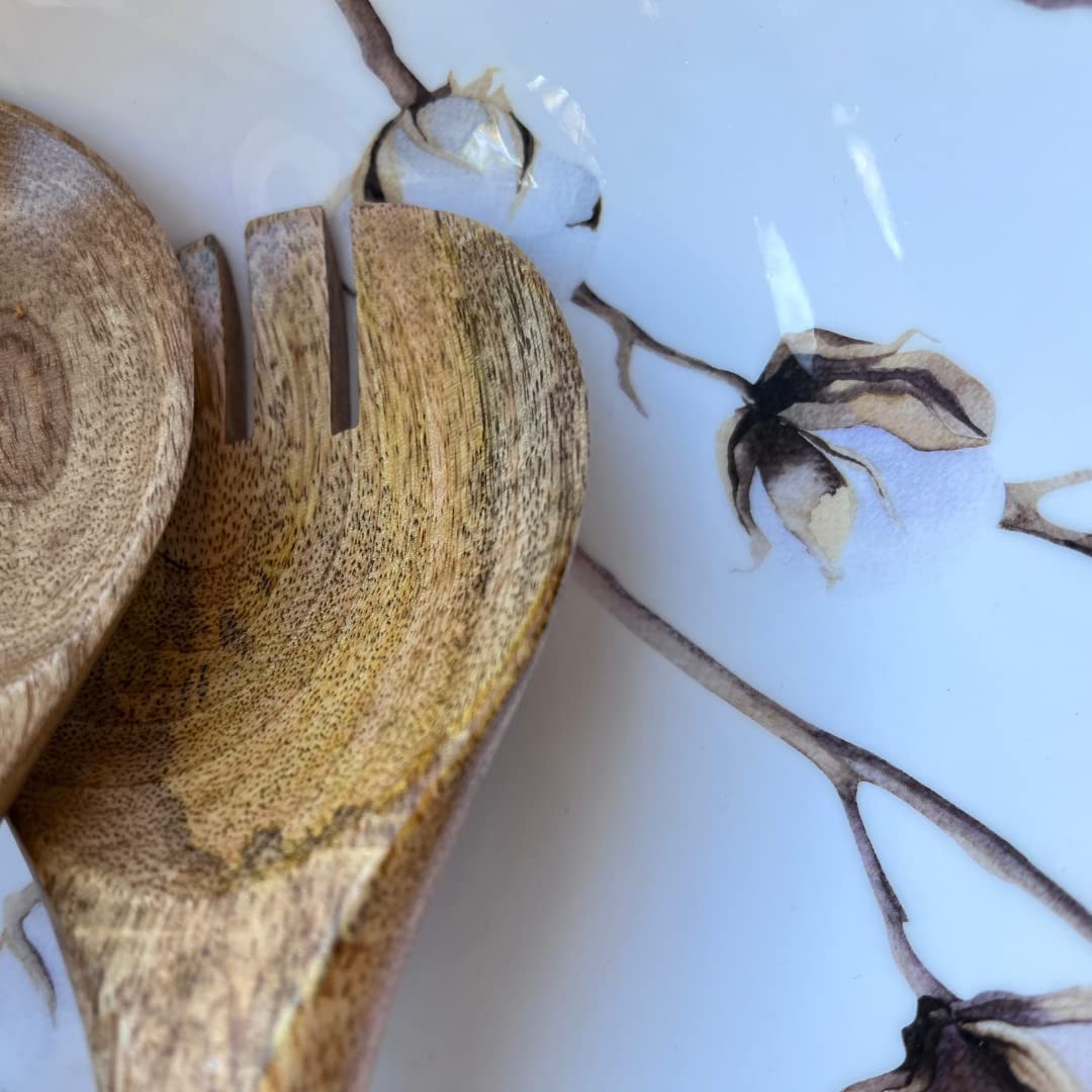 The Fern Trail Wood Serving Bowl | Salad Bowl with Tongs | Wooden Decorative Bowl | Wood Fruit Bowl for Kitchen Counter | Mango Wood Bowl (Blue)