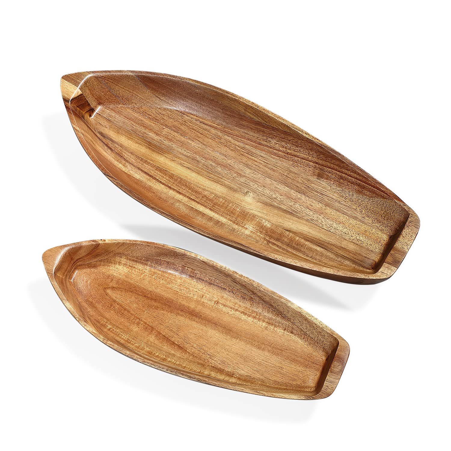 C-Joy Wood Decorative Wooden Tray, Nature Acacia Solid Wood Serving Bowls,for Desserts Fruits Salad or House Ornament, Functional and Collectible Furnishing Articles. (Lucky Boat (2 of Set))