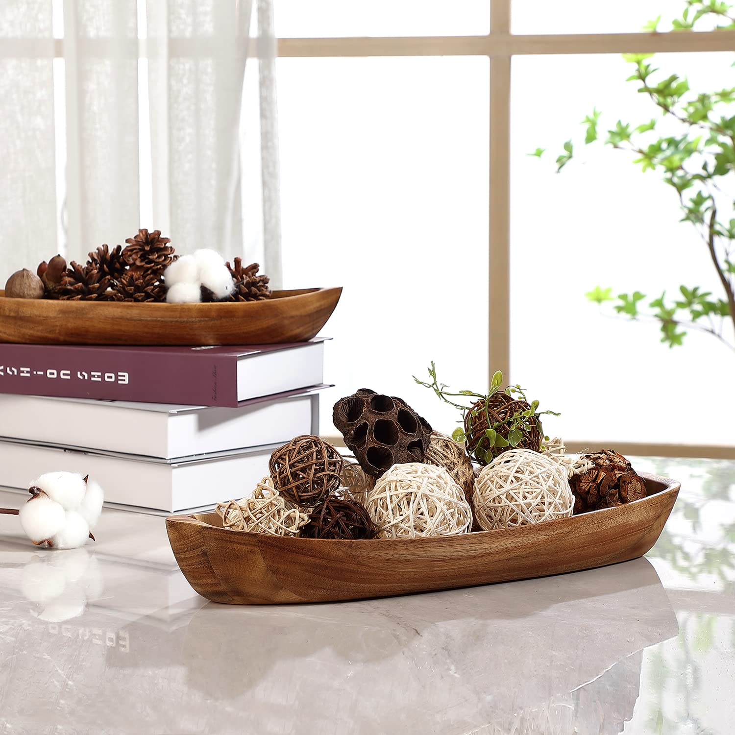 C-Joy Wood Decorative Wooden Tray, Nature Acacia Solid Wood Serving Bowls,for Desserts Fruits Salad or House Ornament, Functional and Collectible Furnishing Articles. (Lucky Boat (2 of Set))