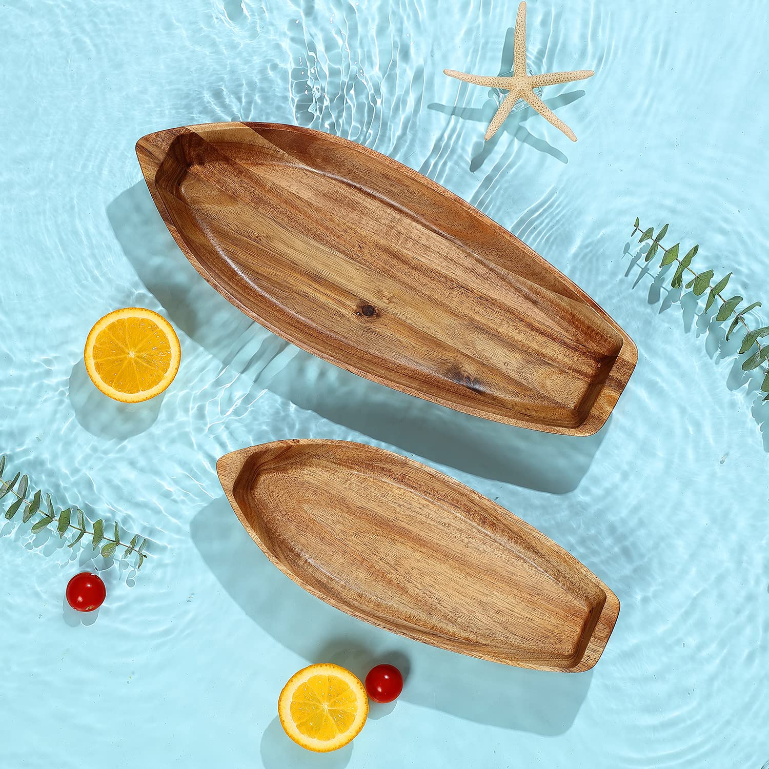 C-Joy Wood Decorative Wooden Tray, Nature Acacia Solid Wood Serving Bowls,for Desserts Fruits Salad or House Ornament, Functional and Collectible Furnishing Articles. (Lucky Boat (2 of Set))