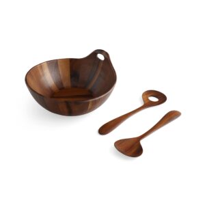 nambe portables wood salad bowl with servers | 3-piece set | acacia wood large salad bowl | mixing bowl with wooden serving spoons | round | measures 11-inches