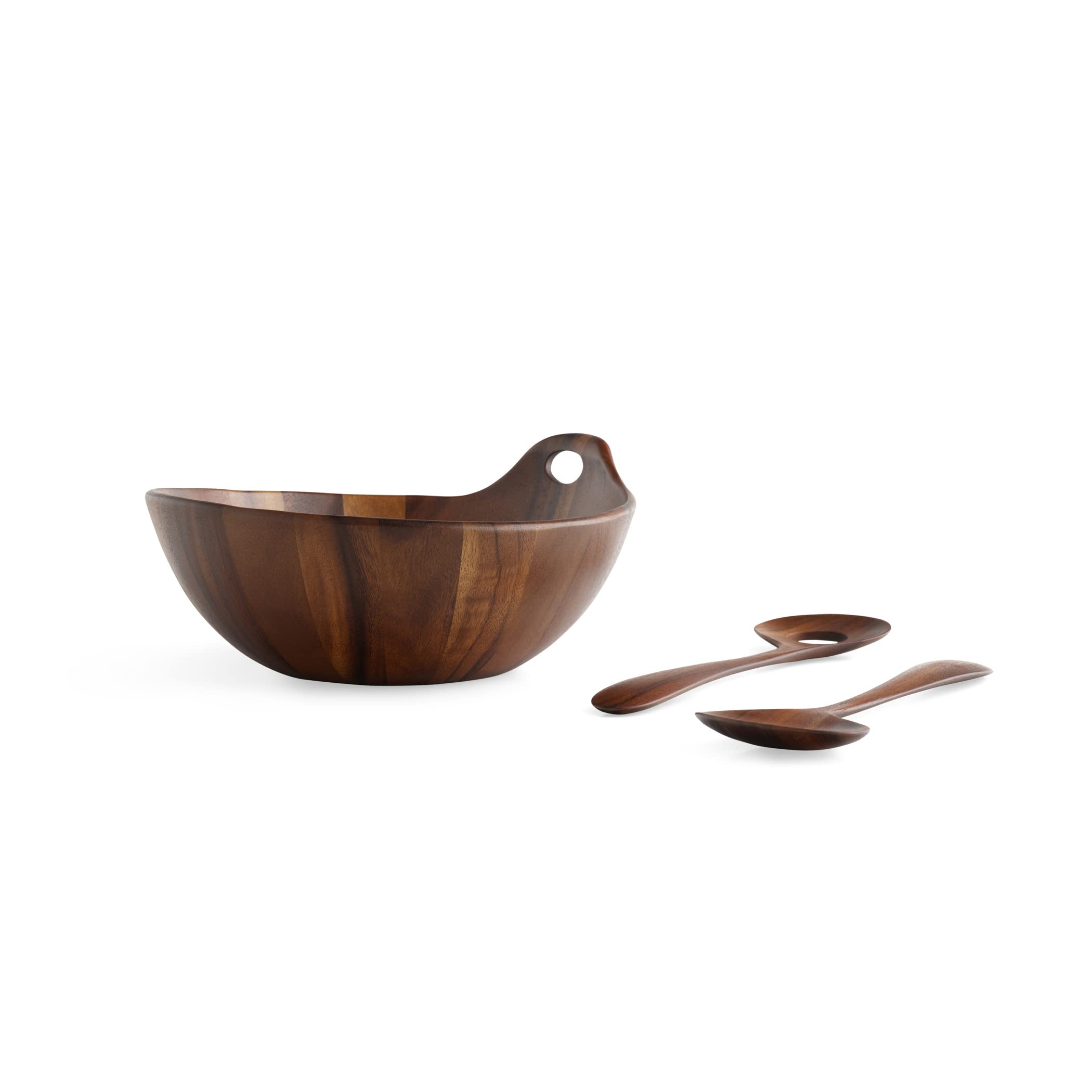 nambe Portables Wood Salad Bowl with Servers | 3-Piece Set | Acacia Wood Large Salad Bowl | Mixing Bowl with Wooden Serving Spoons | Round | Measures 11-Inches