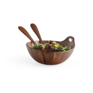 nambe Portables Wood Salad Bowl with Servers | 3-Piece Set | Acacia Wood Large Salad Bowl | Mixing Bowl with Wooden Serving Spoons | Round | Measures 11-Inches