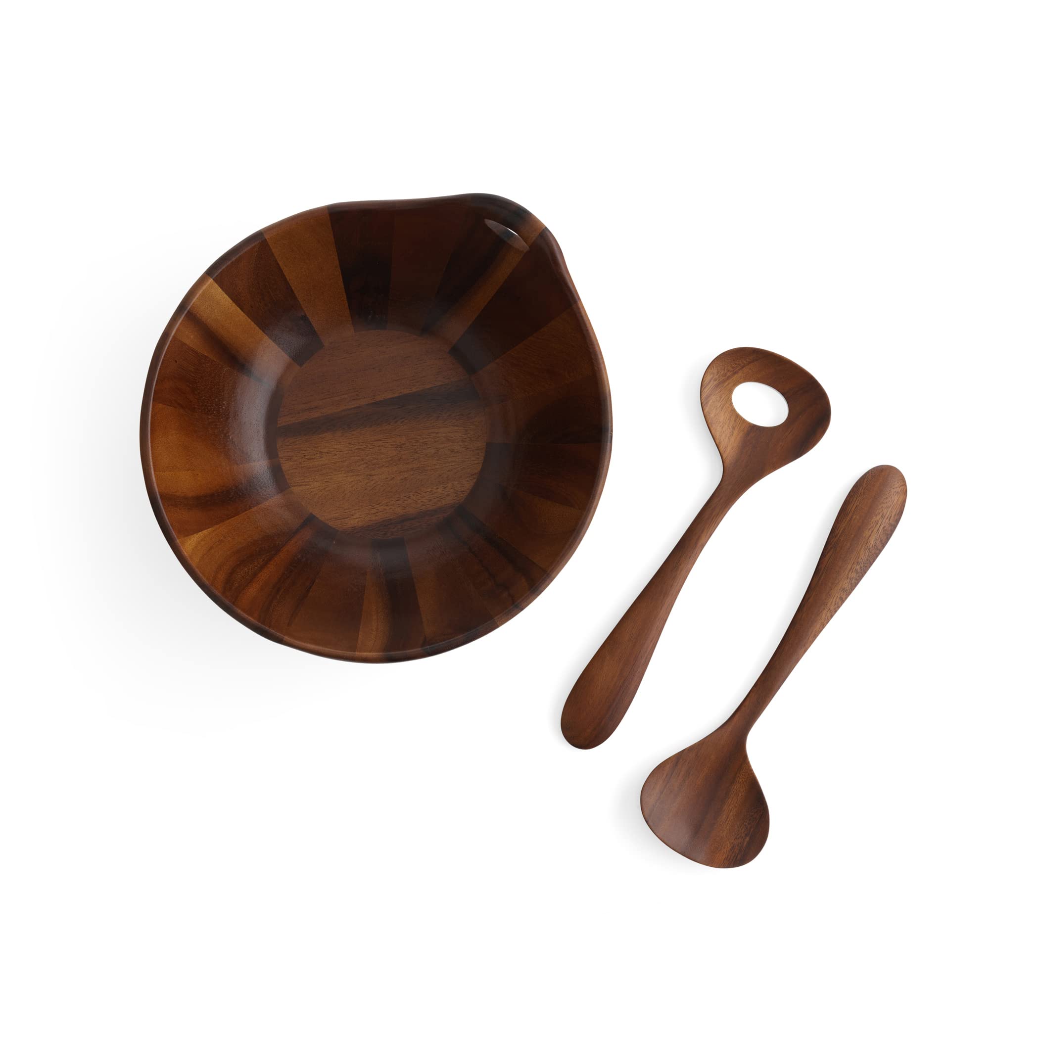 nambe Portables Wood Salad Bowl with Servers | 3-Piece Set | Acacia Wood Large Salad Bowl | Mixing Bowl with Wooden Serving Spoons | Round | Measures 11-Inches