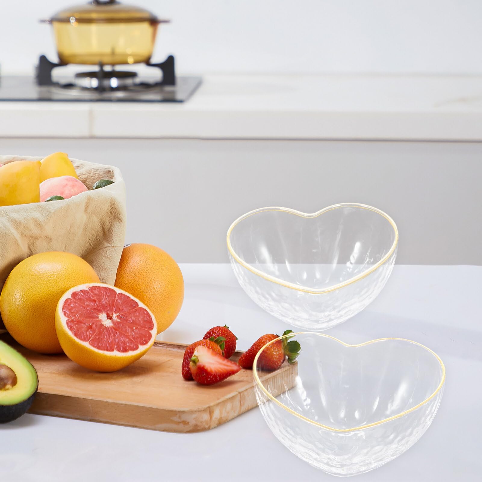 Luxshiny Glass Crystal Dessert Bowl Heart Bowl Salad Apetizer Serving Dish with Golden Trimming for Serving Fruit Salad Snack