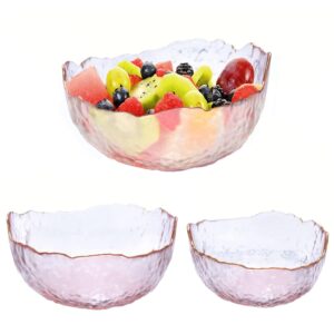 WHJY Pink Colored Glass Salad Bowl Set of 3, Mixing Bowls Decorative Fruit Bowl Serving Bowls for Kitchen,Clear Gold Bowl Wide Rim Pasta Bowl