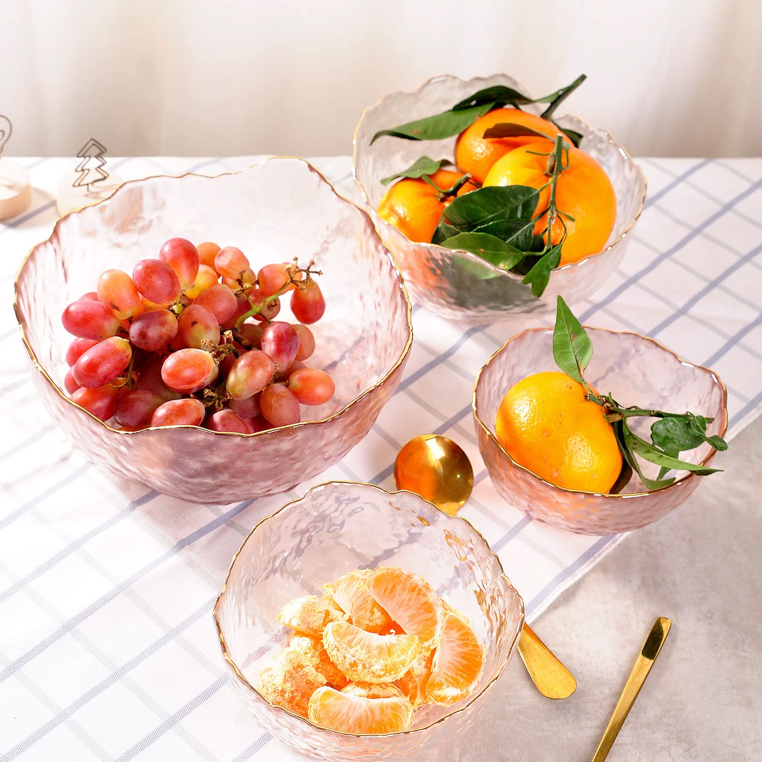 WHJY Pink Colored Glass Salad Bowl Set of 3, Mixing Bowls Decorative Fruit Bowl Serving Bowls for Kitchen,Clear Gold Bowl Wide Rim Pasta Bowl