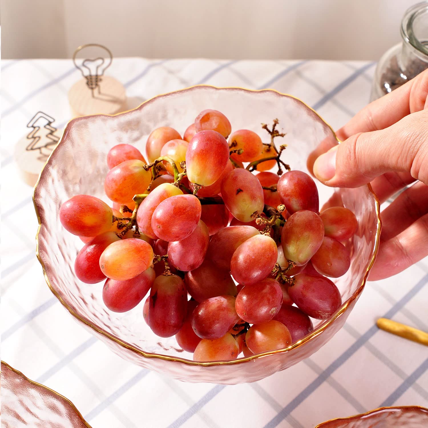 WHJY Pink Colored Glass Salad Bowl Set of 3, Mixing Bowls Decorative Fruit Bowl Serving Bowls for Kitchen,Clear Gold Bowl Wide Rim Pasta Bowl