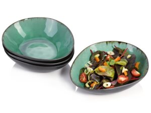 sänger | salad bowl palm beach 4 pieces, bowl for salad 4 people, stoneware tableware set for salad, handmade salad plate dishwasher safe multifunctional, salad plate green with black accents | 760ml