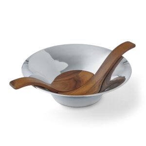 nambe chillable salad bowl with servers | large chilled serving bowl with utensils for parties | refrigerate to keep veggie, fruit, potato, pasta cold | designed by scott henderson