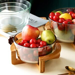 YARNOW Glass Salad Bowl with Wooden Stand Cereal Bowls Mixing Bowls 1500ml Fruit Snack Serving Plate Side Dish Bowls Microwave Safe for Appetizer Salad Candy Fruit