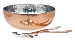 3pc copper accented hammered salad bowl with 2 serving utensils - complete with matching oversized spoon and fork - use as a salad bowl, fruit bowl or even for pasta - elegant and stylish serving bowl