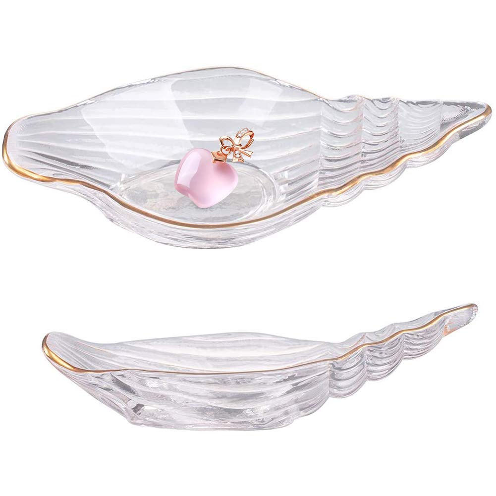 Kelendle Clear Dessert Plate Glass Salad Bowls Decorative Ocean Conch Jewelry Tray Ring Dish Ring Holder Golden Tray for Salad Fruit Vegetable Biscuit Wedding Valentine's Day Gift (Conch bowl)