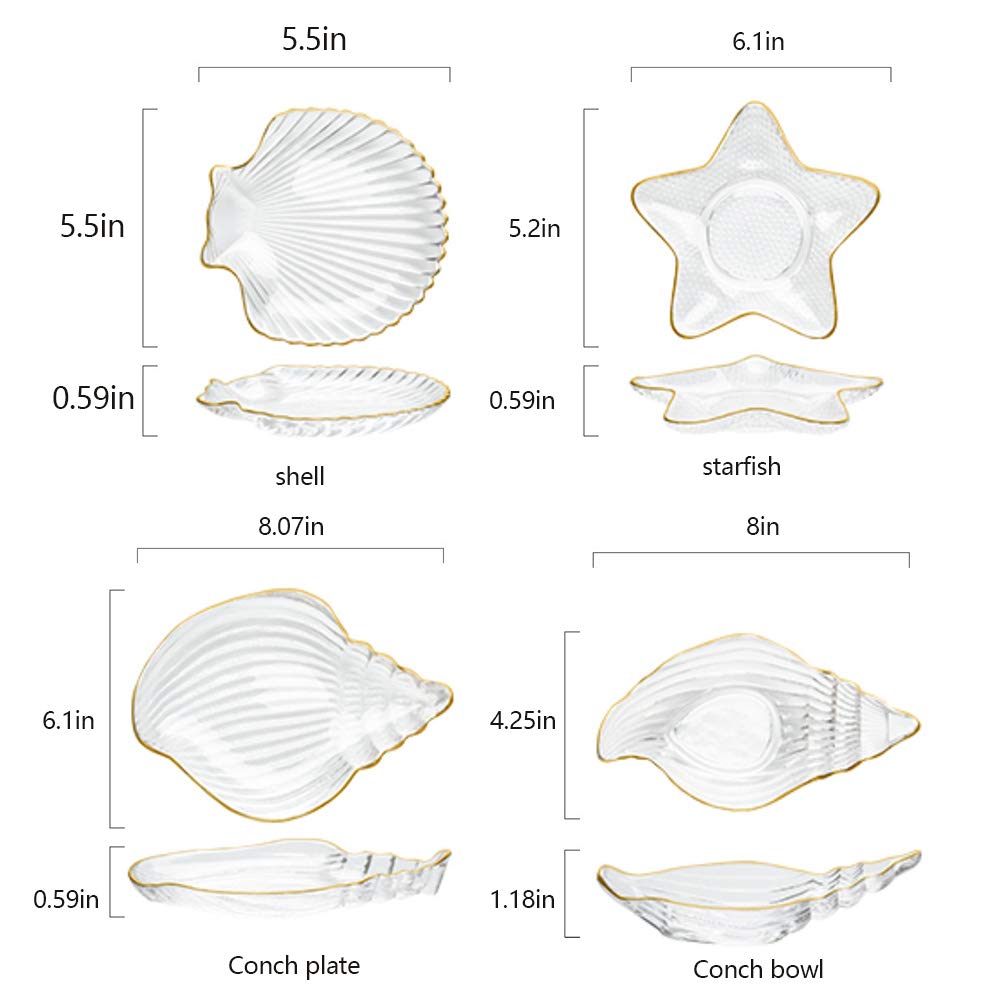 Kelendle Clear Dessert Plate Glass Salad Bowls Decorative Ocean Conch Jewelry Tray Ring Dish Ring Holder Golden Tray for Salad Fruit Vegetable Biscuit Wedding Valentine's Day Gift (Conch bowl)