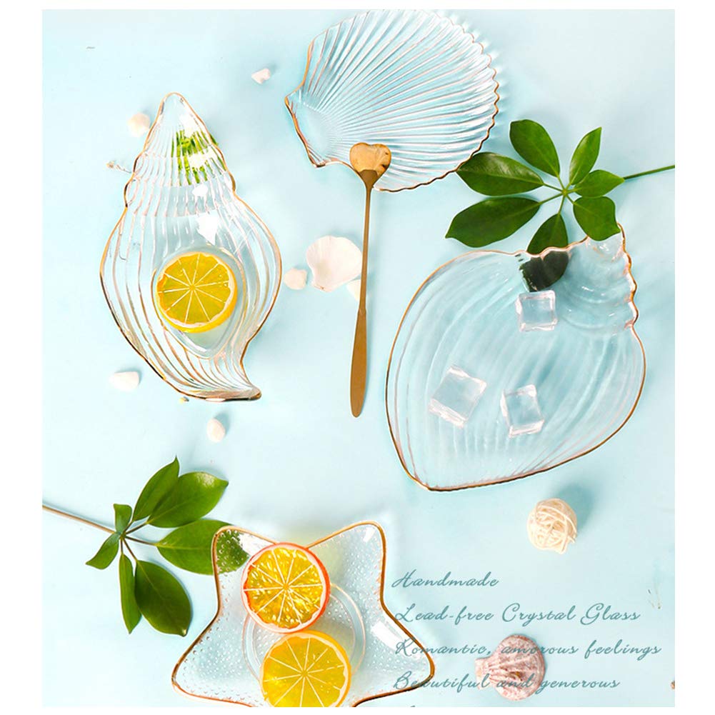 Kelendle Clear Dessert Plate Glass Salad Bowls Decorative Ocean Conch Jewelry Tray Ring Dish Ring Holder Golden Tray for Salad Fruit Vegetable Biscuit Wedding Valentine's Day Gift (Conch bowl)