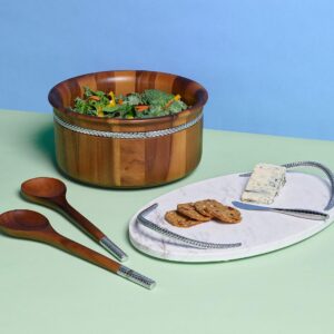 nambe Braid Round Wooden Salad Bowl 3 Piece Set | 11-Inch Salad Bowl with Serving Utensils | Acacia Wood and Chrome Plate Salad Servers and Fruit Bowl | Housewarming Gift | Designed by Sean O’Hara