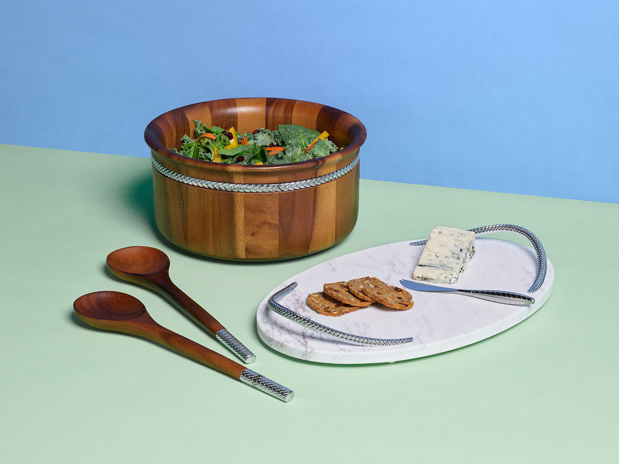 nambe Braid Round Wooden Salad Bowl 3 Piece Set | 11-Inch Salad Bowl with Serving Utensils | Acacia Wood and Chrome Plate Salad Servers and Fruit Bowl | Housewarming Gift | Designed by Sean O’Hara