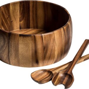 Kalmar Home 12-Inch Acacia Wood Extra Large Smooth Salad Bowl with Servers