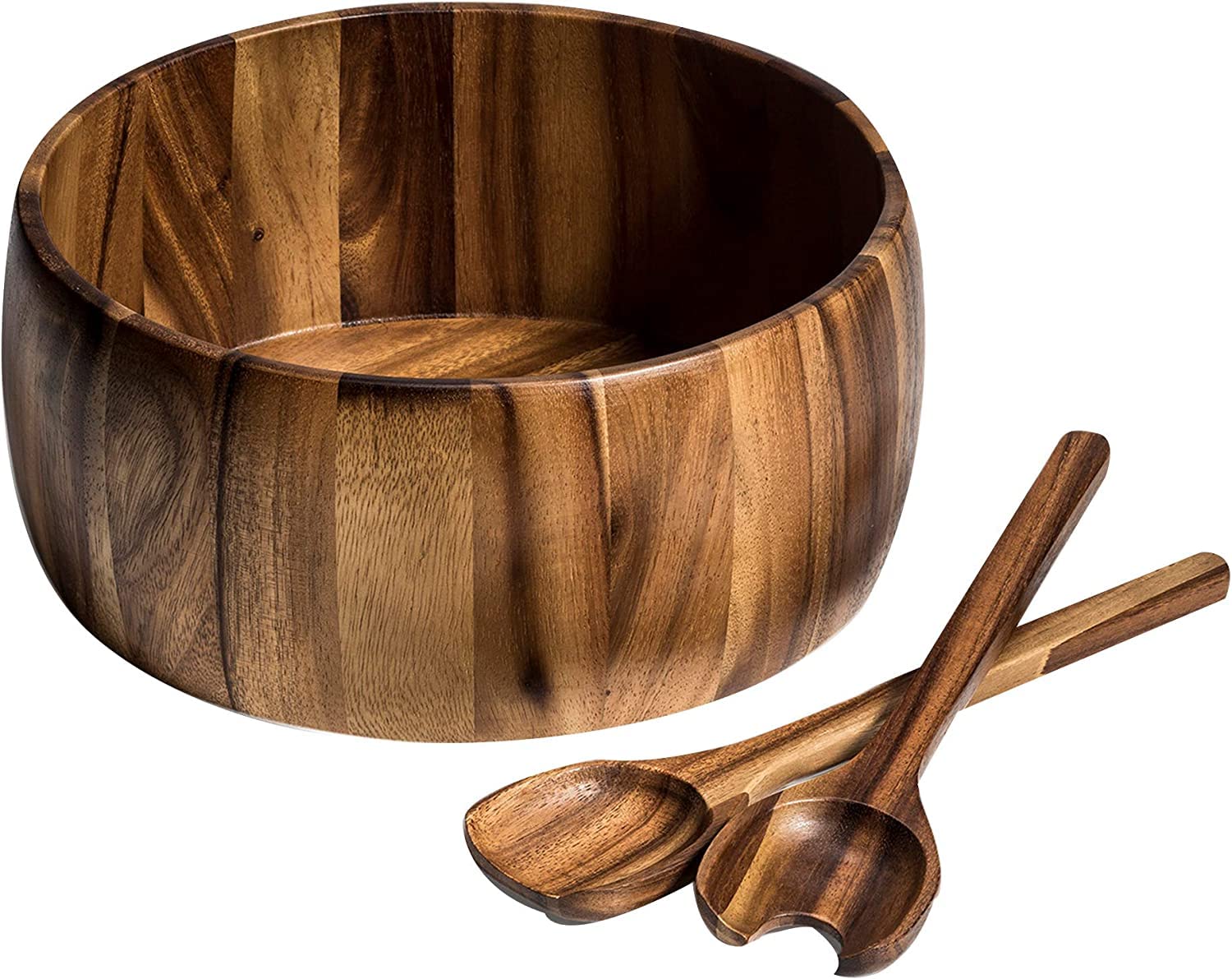 Kalmar Home 12-Inch Acacia Wood Extra Large Smooth Salad Bowl with Servers