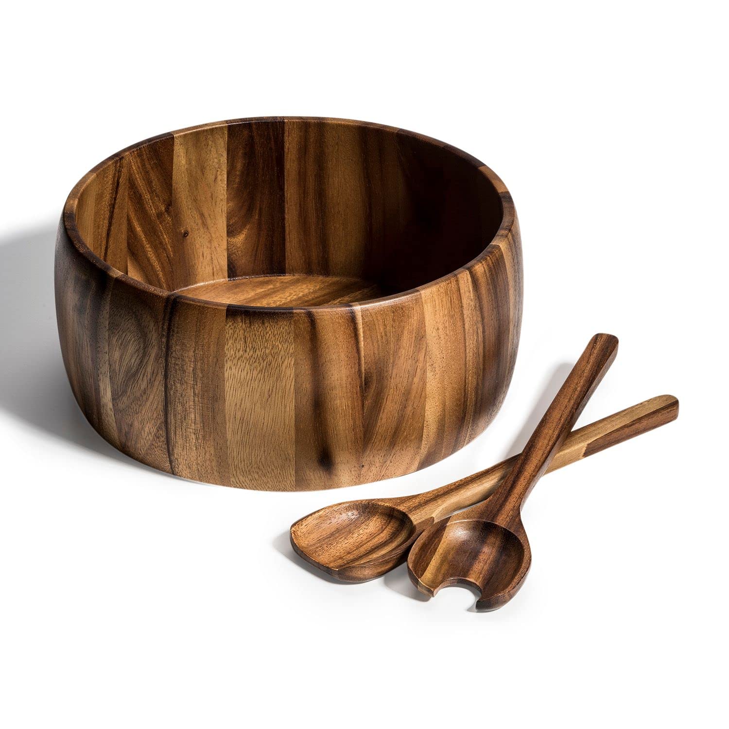 Kalmar Home 12-Inch Acacia Wood Extra Large Smooth Salad Bowl with Servers