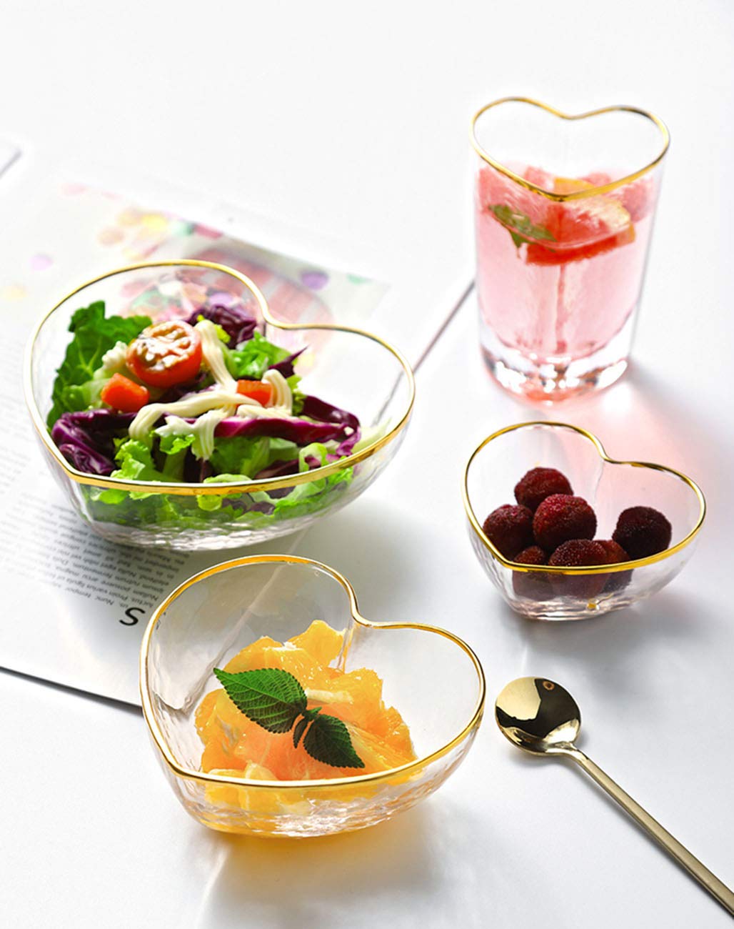 Phnom Penh Glass Bowl Dessert Bird's Nest Salad Bowl Fruit Plate Creative Transparent Heart Shape Breakfast Bowl (4 pcs)