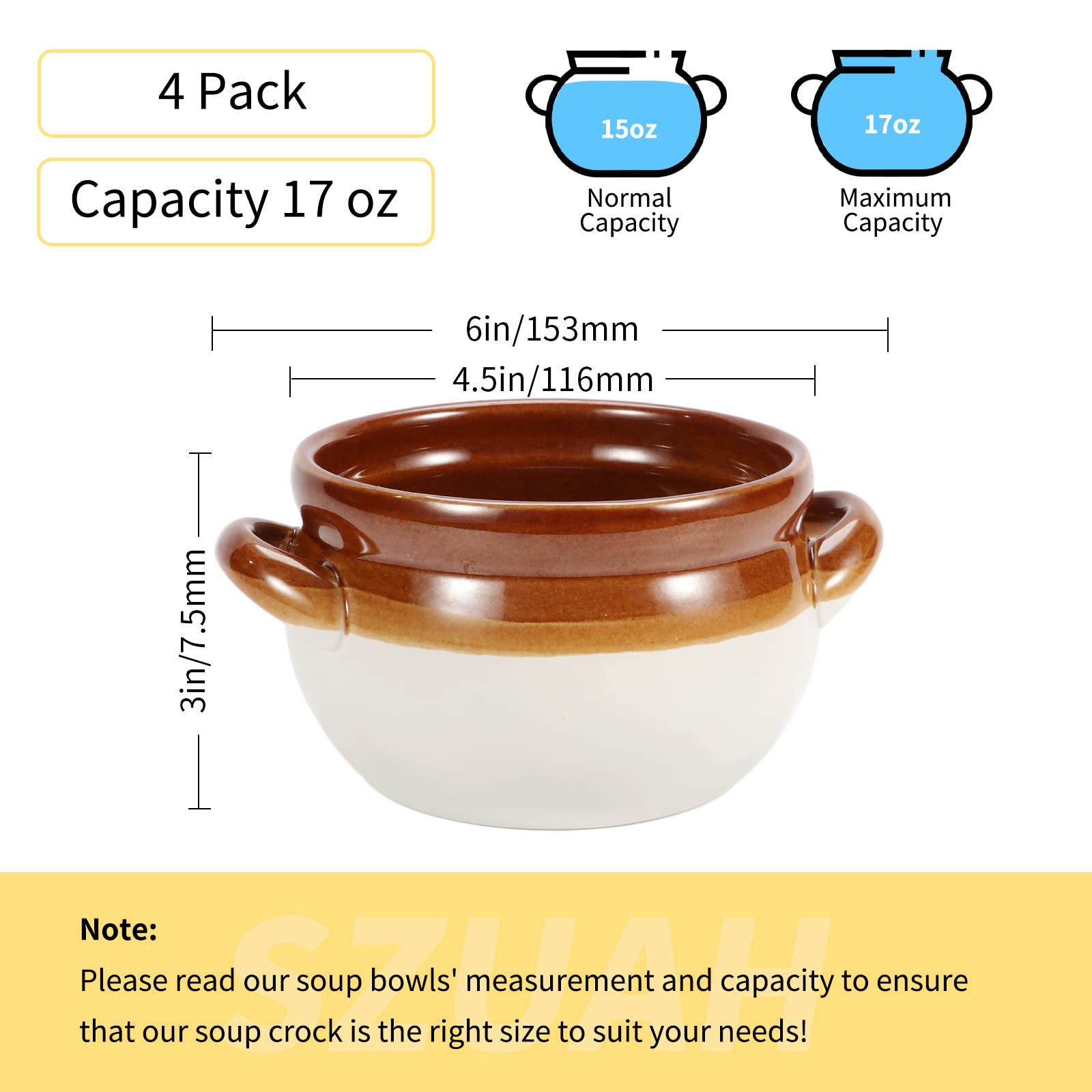 SZUAH 17 OZ French Onion Soup Bowls Set of 4, French Onion Soup Crocks Oven Safe Soup Bowls with Handles, Dishwasher, Microwave, Broiler Safe, Ceramic Bowl Set for Stews, Soup, Cheese & Chili