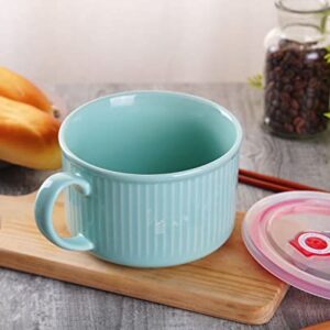 WHJY 30oz Ceramic Bowl with Lid and Handle for Soup and Instant Noodles Soup Mug, Modern Simple Style, with Heat Preservation Handle - Blue