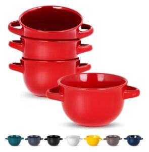 kook broil safe soup bowls, french onion soup crocks, oven safe soup mugs, ceramic bowls with handles, for rice, dessert, pasta, dishwasher, microwave, set of 4, 18 oz (red)