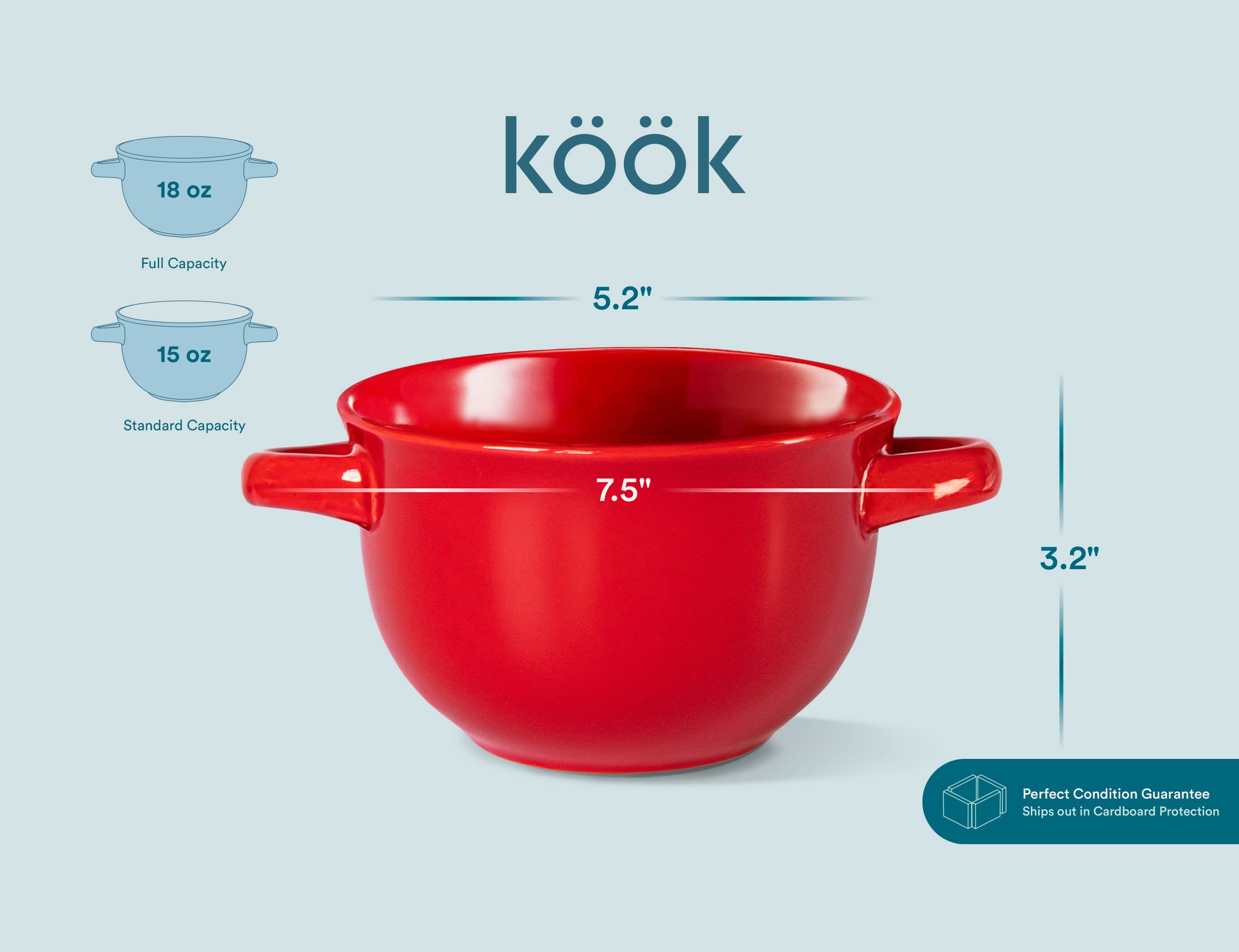 KooK Broil Safe Soup Bowls, French Onion Soup Crocks, Oven Safe Soup Mugs, Ceramic Bowls with Handles, for Rice, Dessert, Pasta, Dishwasher, Microwave, Set of 4, 18 oz (Red)