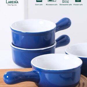French Onion Soup Bowls with Handles, Lareina 15 OZ Ceramic Soup Crock, Porcelain 5 Inch Microwave and Oven Safe Bowls, Set of 4, Blue