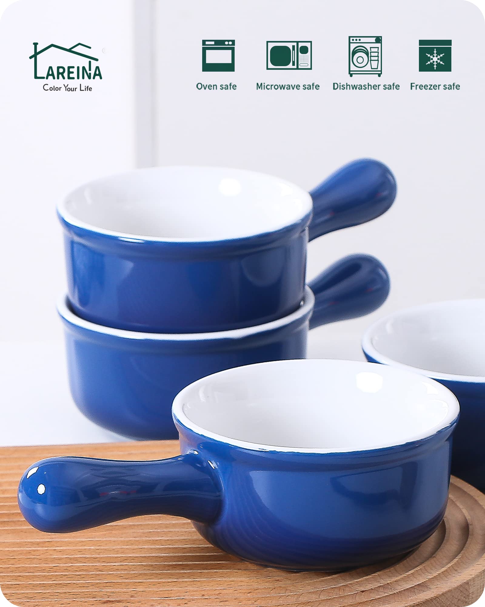 French Onion Soup Bowls with Handles, Lareina 15 OZ Ceramic Soup Crock, Porcelain 5 Inch Microwave and Oven Safe Bowls, Set of 4, Blue
