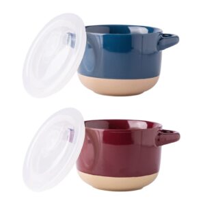 amorarc 24 ounces soup bowls with large handles and lids, stoneware bowls set of 2 for soup, cereal, stew, noodle, colourful ceramic kitchen bowls, microwave&dishwasher safe, blue&red