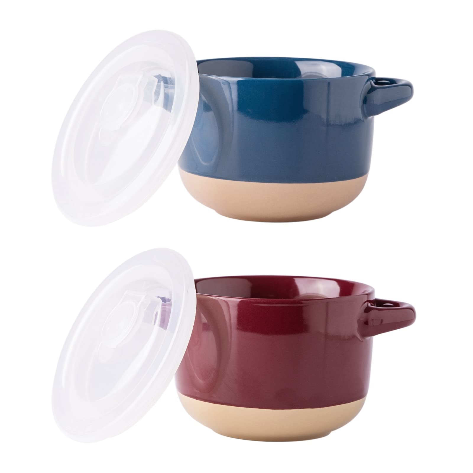 AmorArc 24 Ounces Soup Bowls with Large Handles and Lids, Stoneware Bowls Set of 2 for Soup, Cereal, Stew, Noodle, Colourful Ceramic Kitchen Bowls, Microwave&Dishwasher Safe, Blue&Red