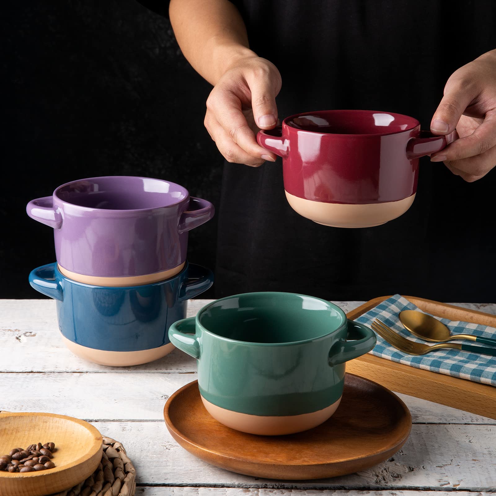 AmorArc 24 Ounces Soup Bowls with Large Handles and Lids, Stoneware Bowls Set of 2 for Soup, Cereal, Stew, Noodle, Colourful Ceramic Kitchen Bowls, Microwave&Dishwasher Safe, Blue&Red