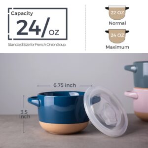 AmorArc 24 Ounces Soup Bowls with Large Handles and Lids, Stoneware Bowls Set of 2 for Soup, Cereal, Stew, Noodle, Colourful Ceramic Kitchen Bowls, Microwave&Dishwasher Safe, Blue&Red