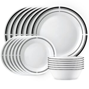 corelle 18-piece round dinnerware set, service for 6, lightweight round plates and bowls set, vitrelle triple layer glass, chip and scratch resistant, microwave and dishwasher safe, brasserie