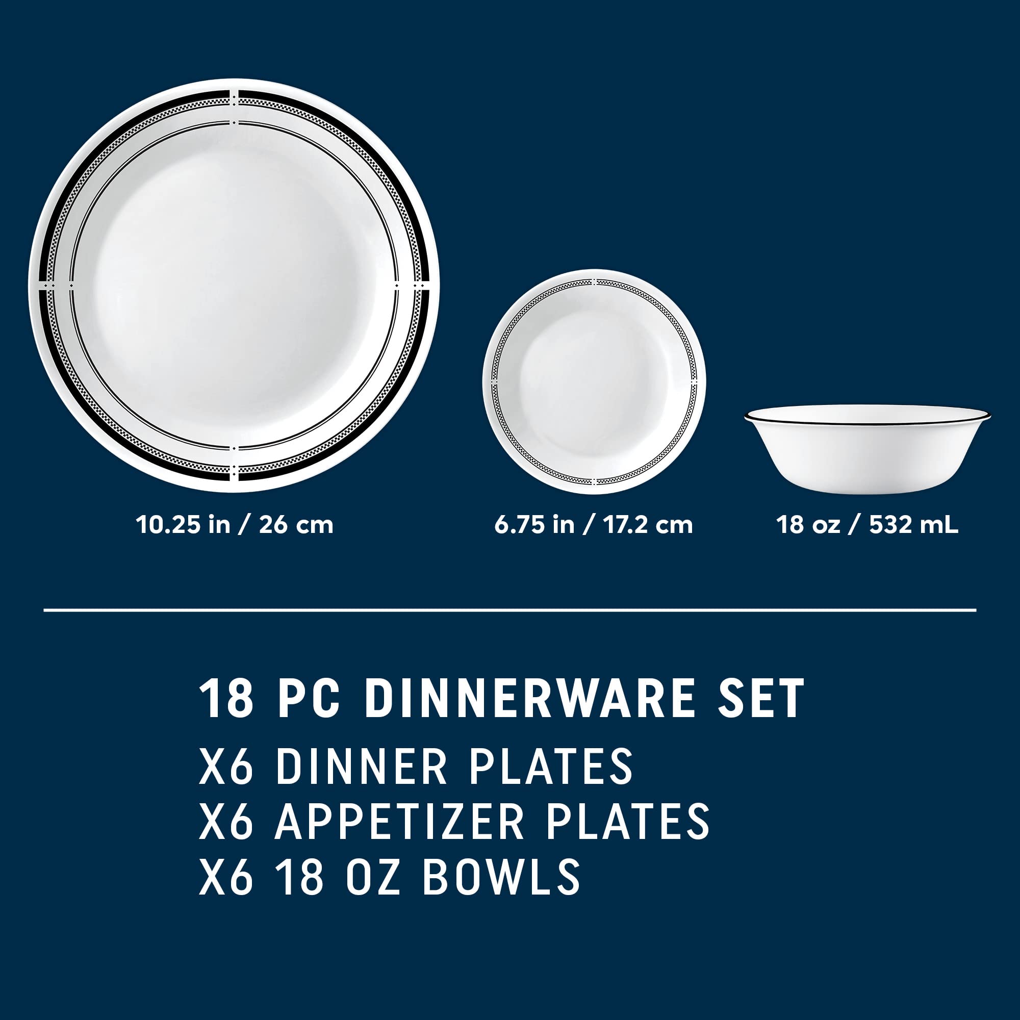 Corelle 18-Piece Round Dinnerware Set, Service for 6, Lightweight Round Plates and Bowls Set, Vitrelle Triple Layer Glass, Chip and Scratch Resistant, Microwave and Dishwasher Safe, Brasserie