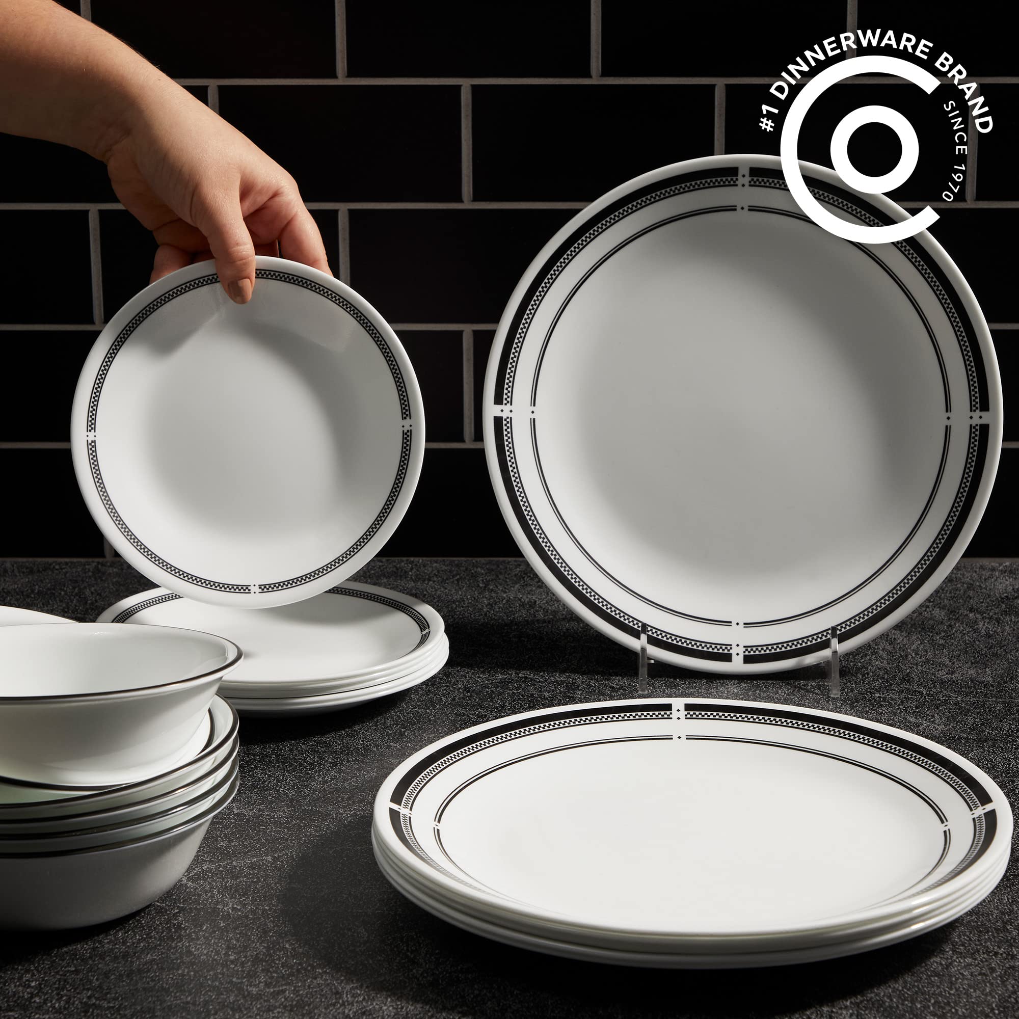 Corelle 18-Piece Round Dinnerware Set, Service for 6, Lightweight Round Plates and Bowls Set, Vitrelle Triple Layer Glass, Chip and Scratch Resistant, Microwave and Dishwasher Safe, Brasserie