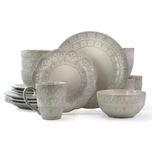 elama elegant round embossed stoneware high class dinnerware dish set, 16 piece, white