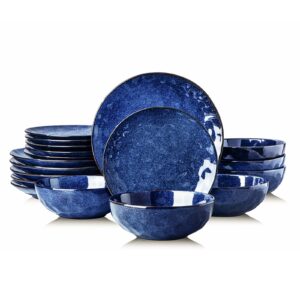 vicrays 18-piece kitchen dinnerware set, ceramic fluted dinner plates, salad plates, bowls set, microwave, oven, and dishwasher safe, scratch resistant, suitable for home, party, restaurant (blue)
