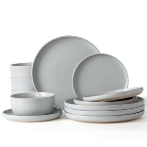famiware milkyway plates and bowls set, 12 pieces dinnerware sets, dishes set for 4, light gray